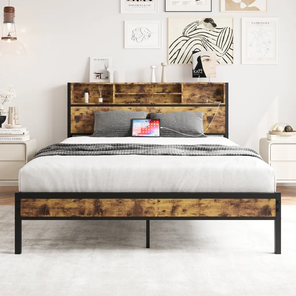 Queen Bed Frame Storage Headboard Metal Platform Bed Charging Ports home furniture