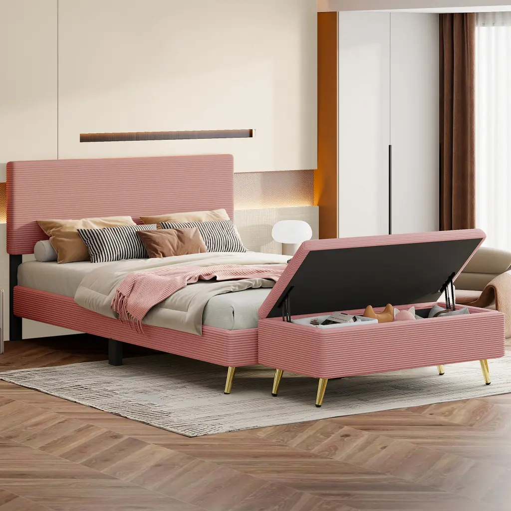 2 Piece Queen Size Upholstered Bed Frame Set Modern Corduroy homey life