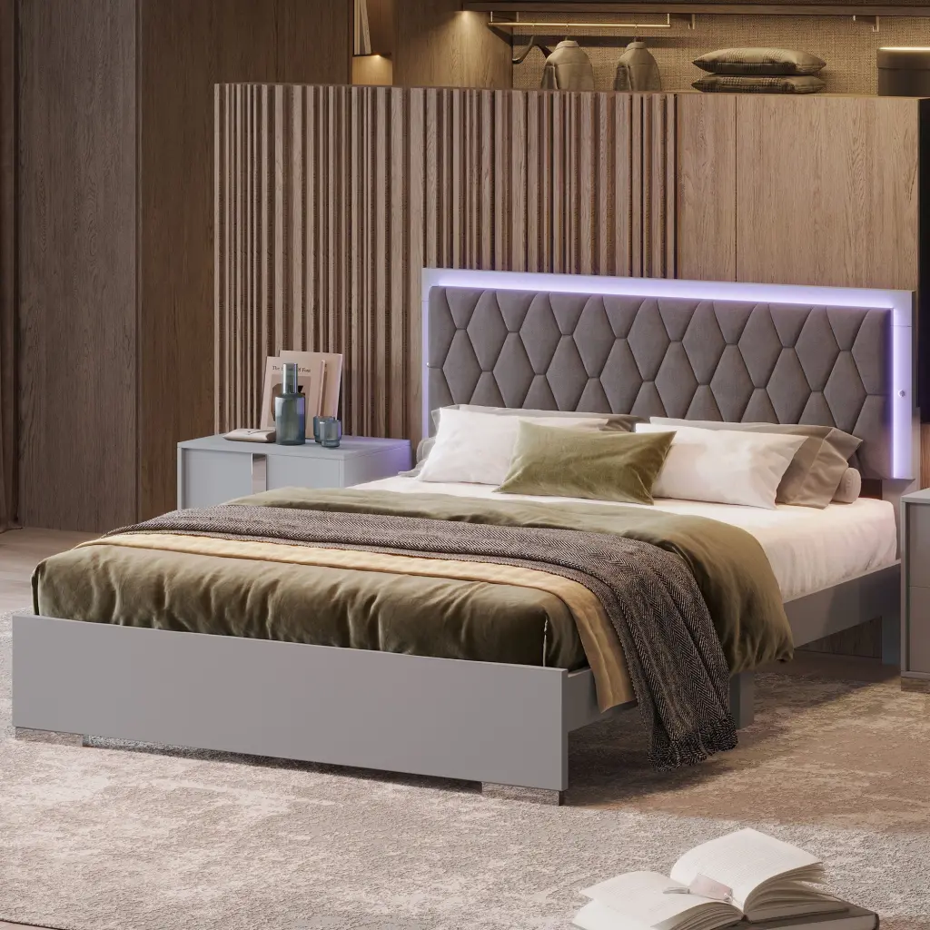 Queen Size Upholstered Bed LED Lights Modern Platform Bed Velvet Finish homey life