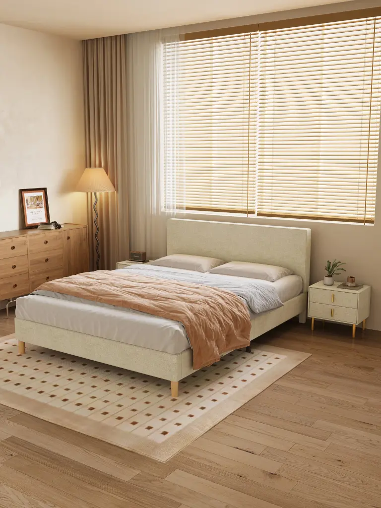 Queen Size Bed Cotton Linen Fabric Effortless Style Stable Structure hx-furniture