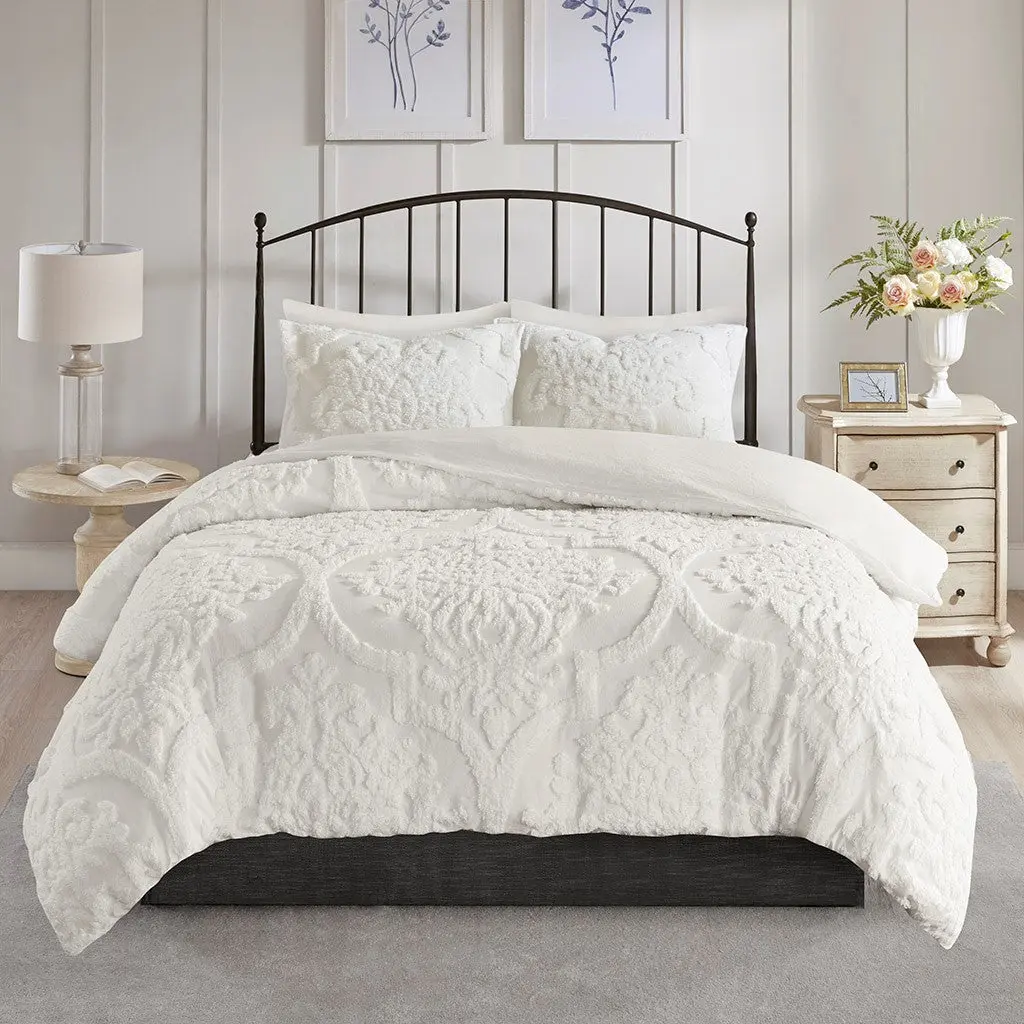 3 Piece Tufted Cotton Chenille Duvet Cover Set Queen Off White jla
