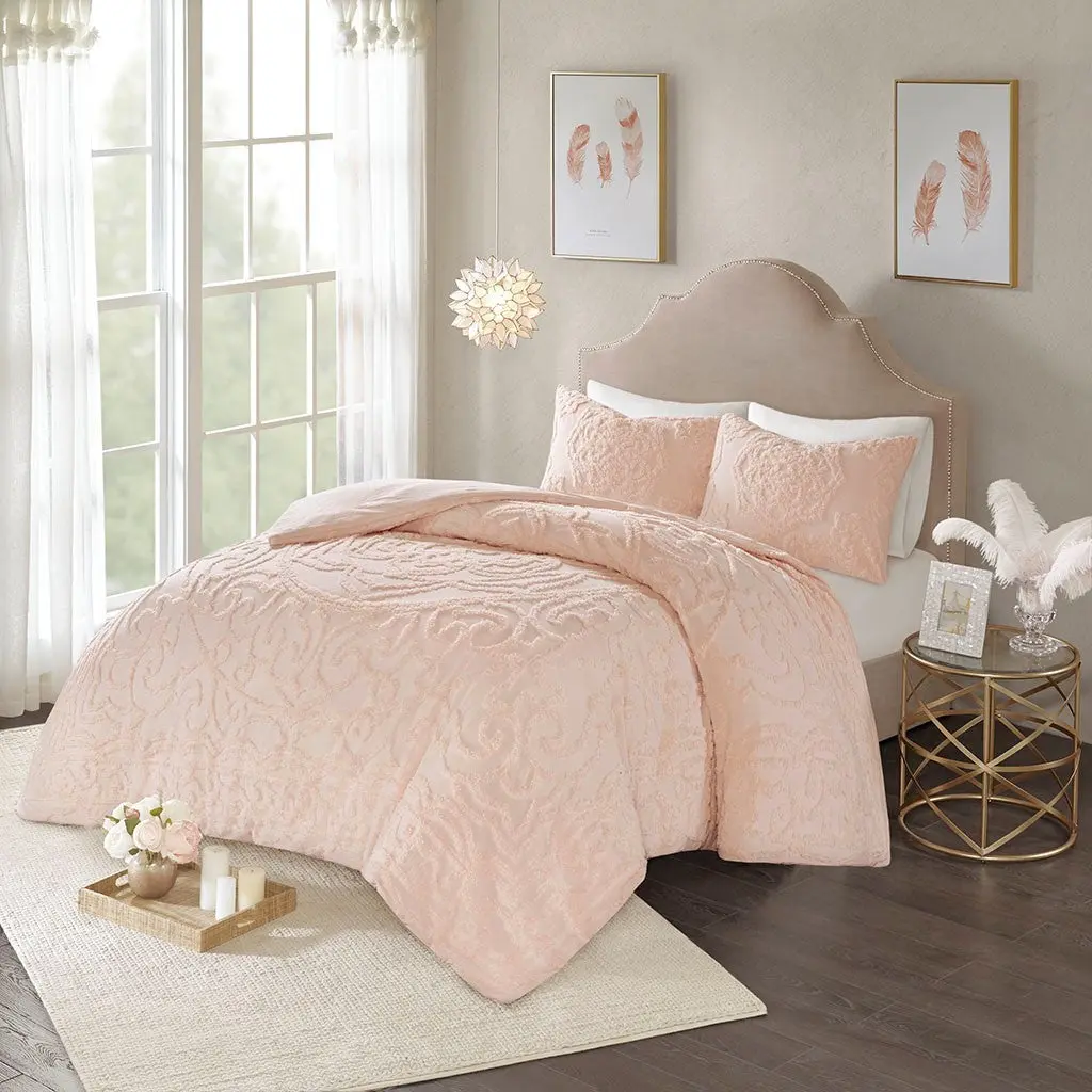 3 Piece Tufted Cotton Chenille Medallion Duvet Cover Set Queen Pink jla
