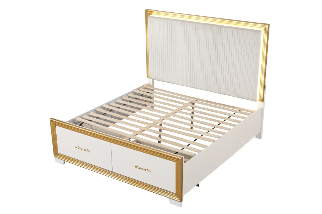 Contemporary Queen Tufted Bed Wood Frame and Gold Finish Box Spring galaxy home furnishings