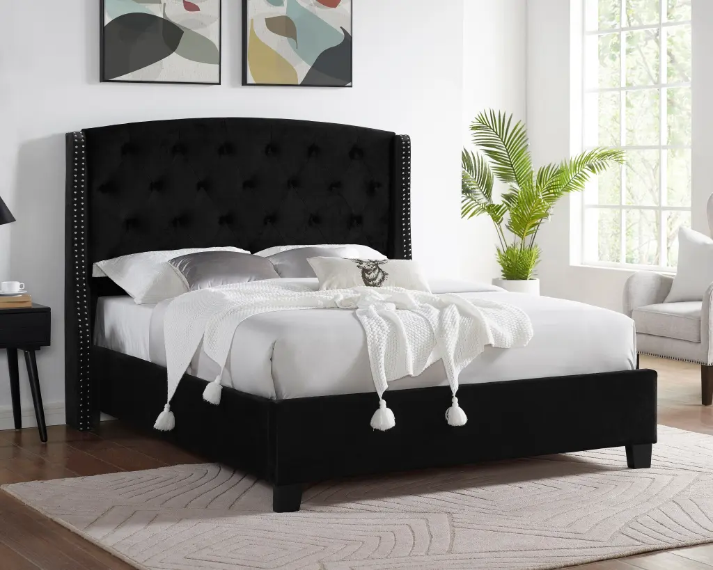 Summit Wingsupport Tufted Upholstered Bed Nailhead Queen Size Black hz