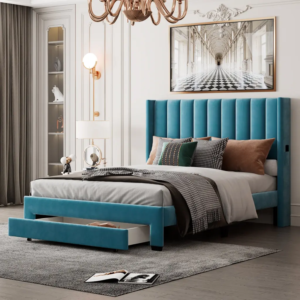 Queen Size Storage Bed Velvet Upholstered Platform Bed Big Draw lucky furniture