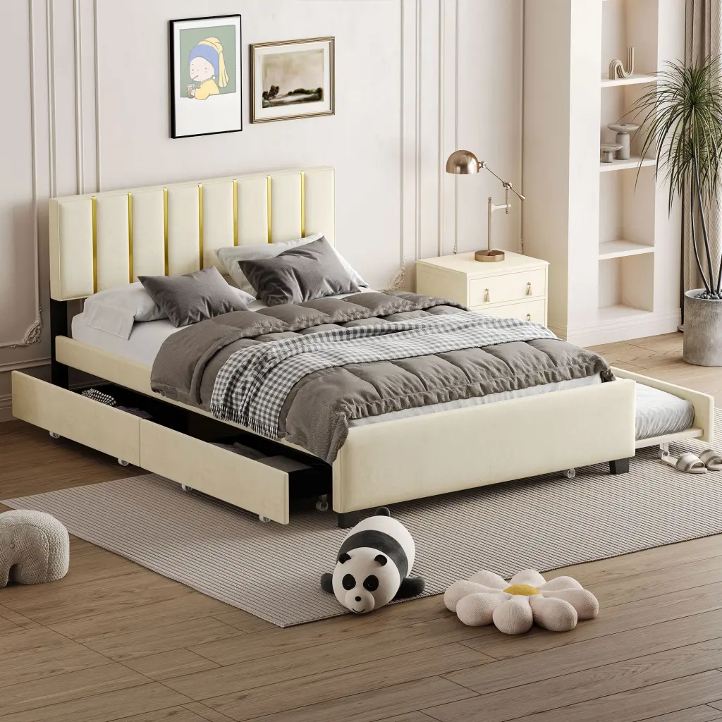 Queen Size Upholstered Platform Bed 2 Drawers And 1 Trundle Classic Bedroom Storage Bed lucky world