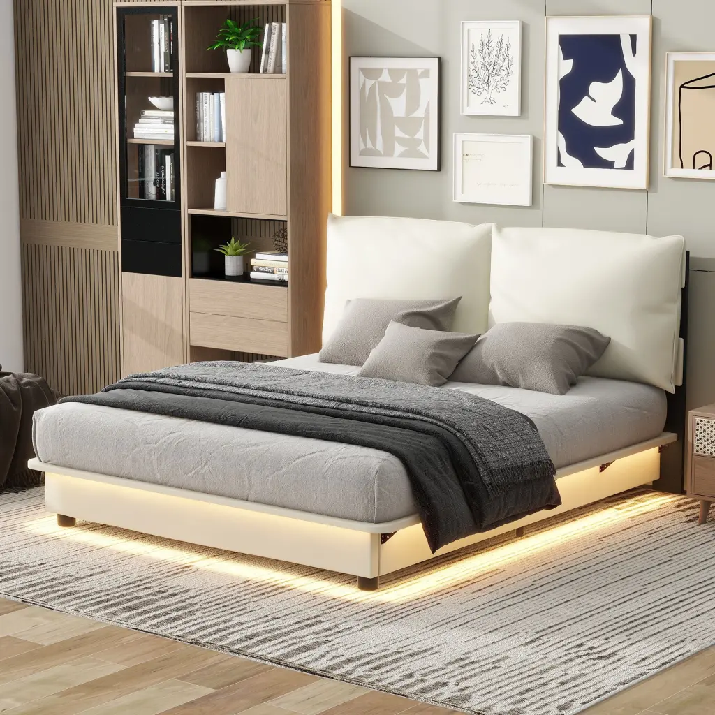 Queen Size Upholstered Platform Bed Sensor Light And Ergonomic Design lucky world