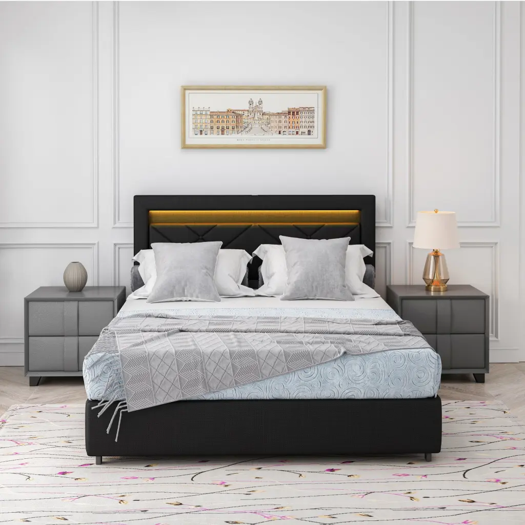 Queen Size Bed Frame LED Lights and USB Charging Station Black Textile rnb