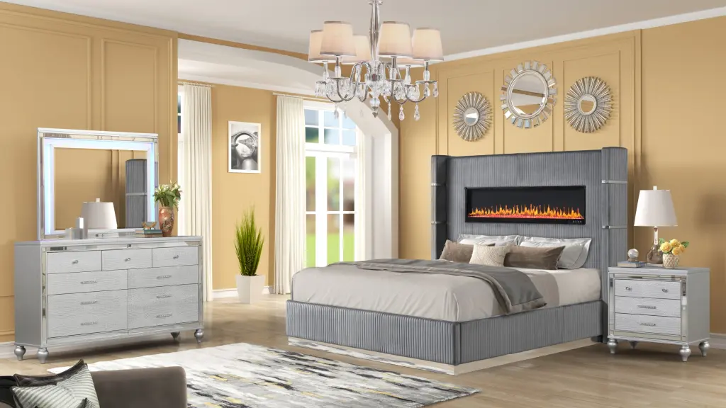 Lizelle Upholstery Wooden Queen 4 Piece Bedroom Set Ambient Lighting galaxy home furnishings