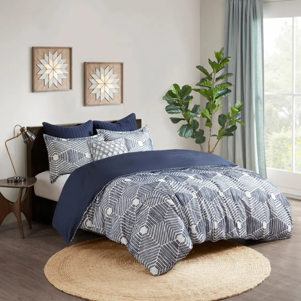 Cotton Jacquard Duvet Cover Set Queen White Navy Luxury Bedding jla