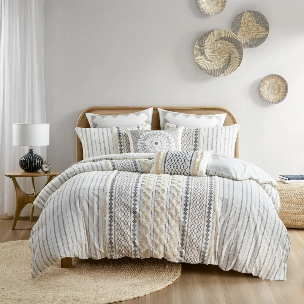 Cotton Printed Duvet Cover Set Chenille Queen Size Multicolor Bedding jla
