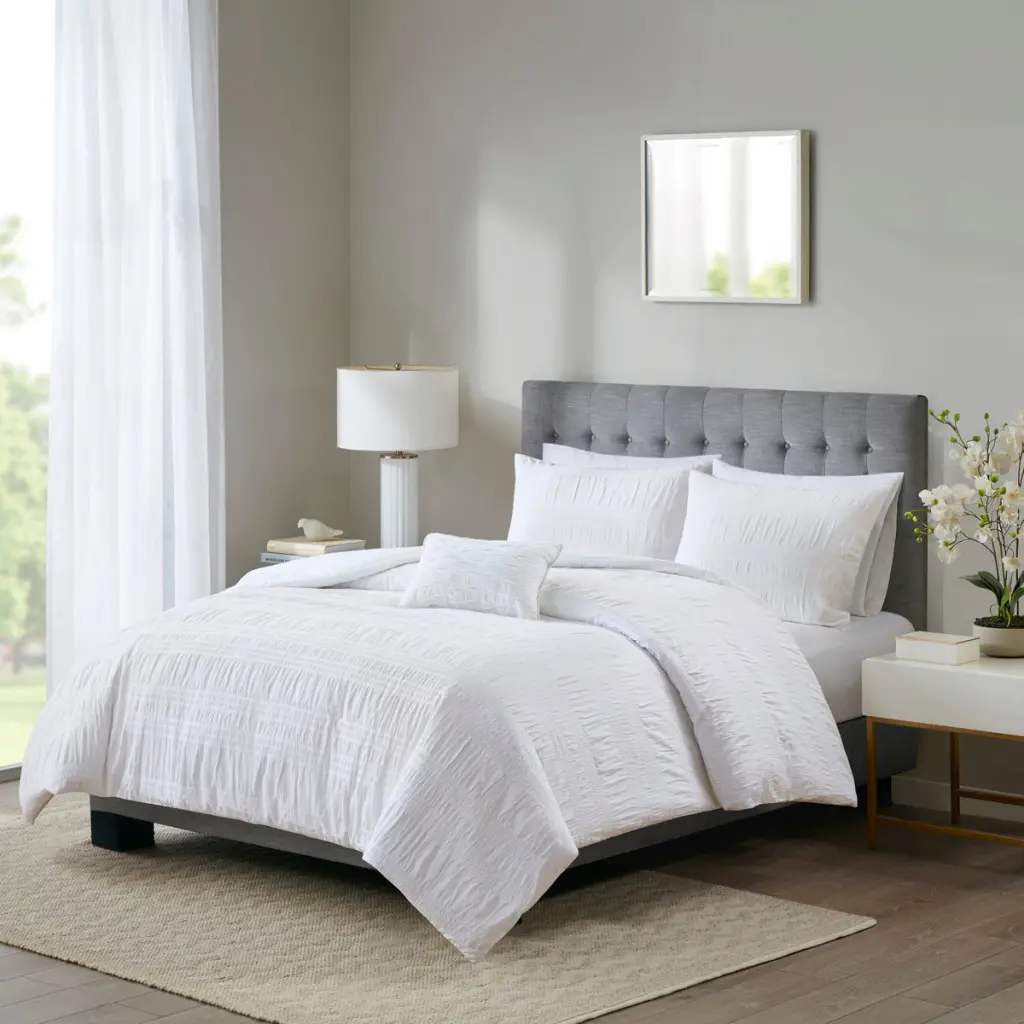 4 Piece Cotton Seersucker Duvet Cover Set Queen Size White Cotton Bedding jla