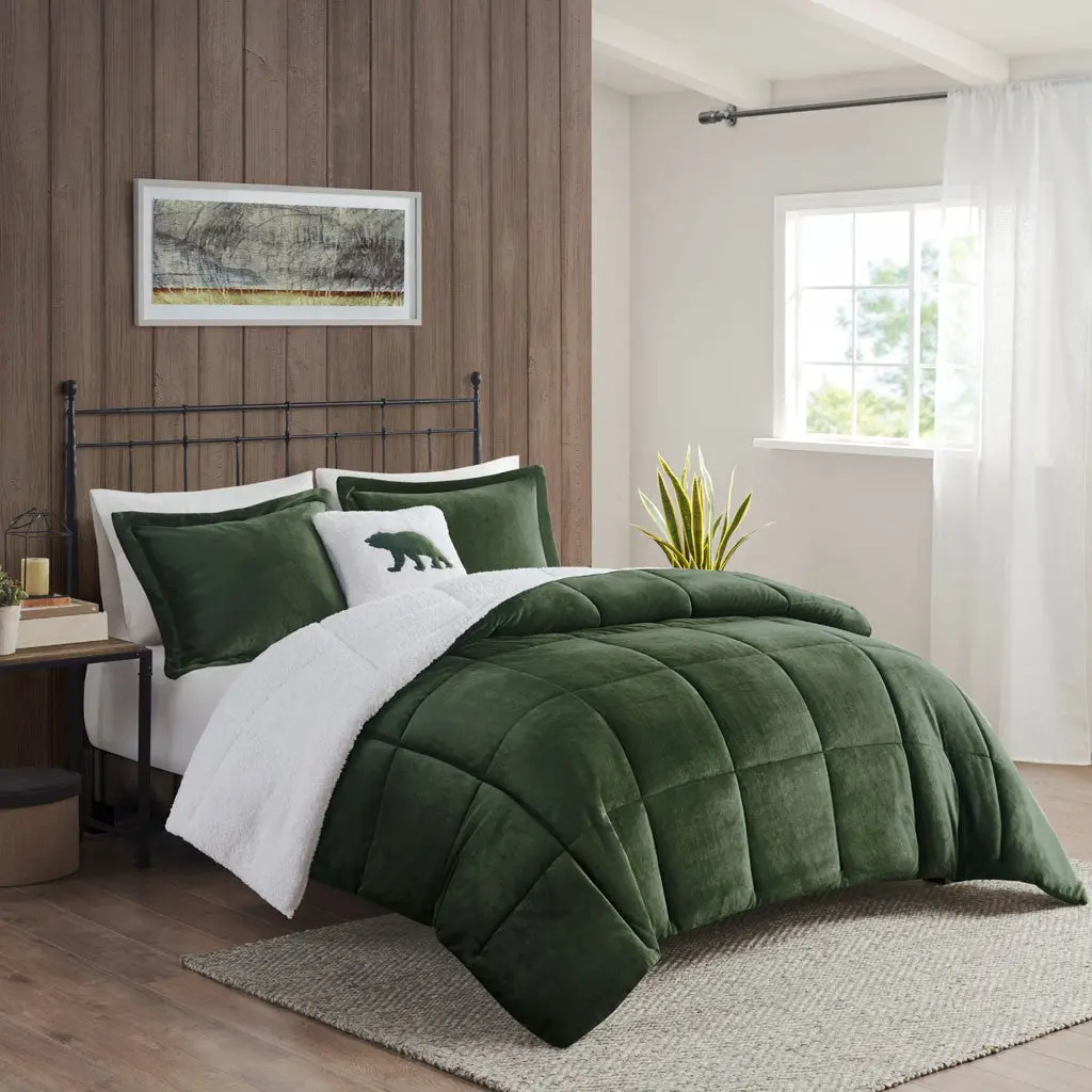 Plush To Sherpa Down Alternative Comforter Set Queen Size Green Ivory Polyester jla