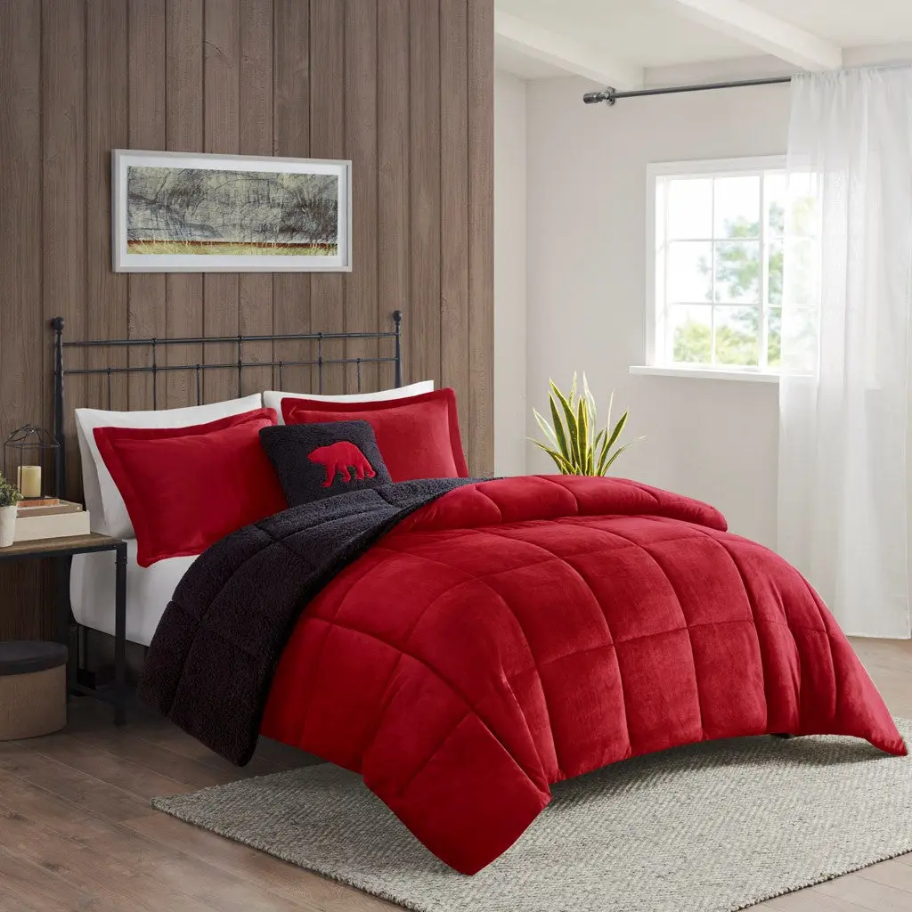 Plush To Sherpa Down Alternative Comforter Set Queen Size Red Black Polyester jla
