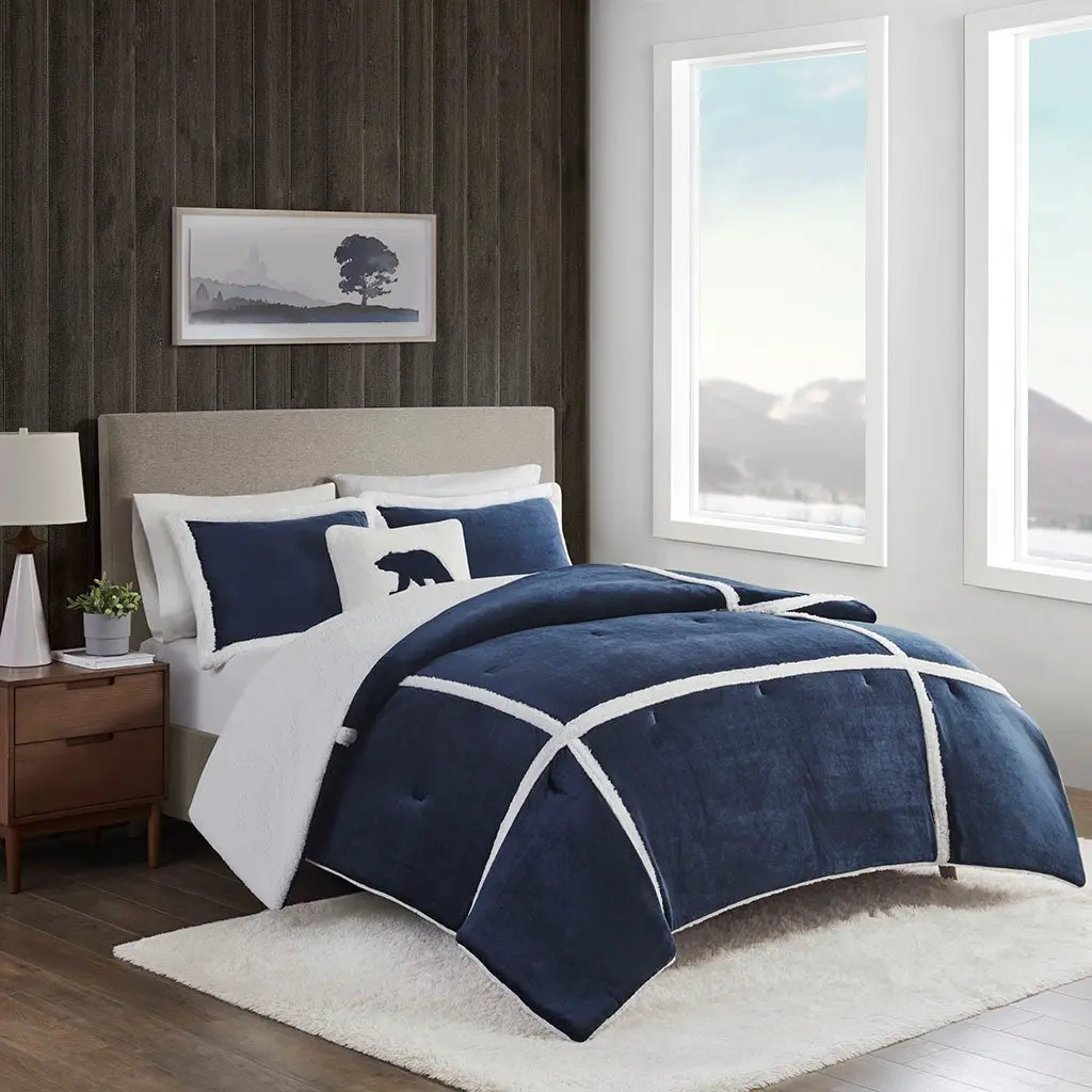 Plush Sherpa Queen Size Bed Sheet Set Navy Polyester jla