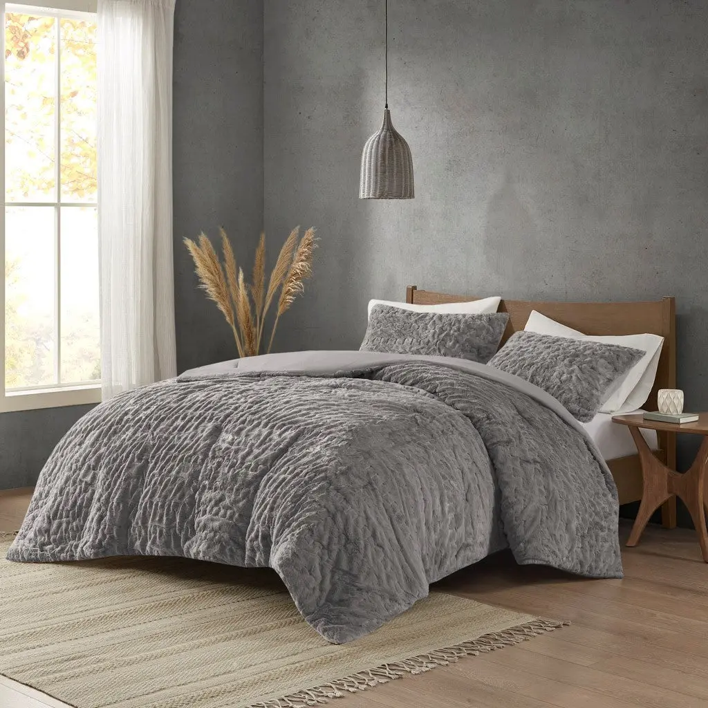 Ruched Fur Down Alternative Comforter Set Queen Size Grey Polyester jla