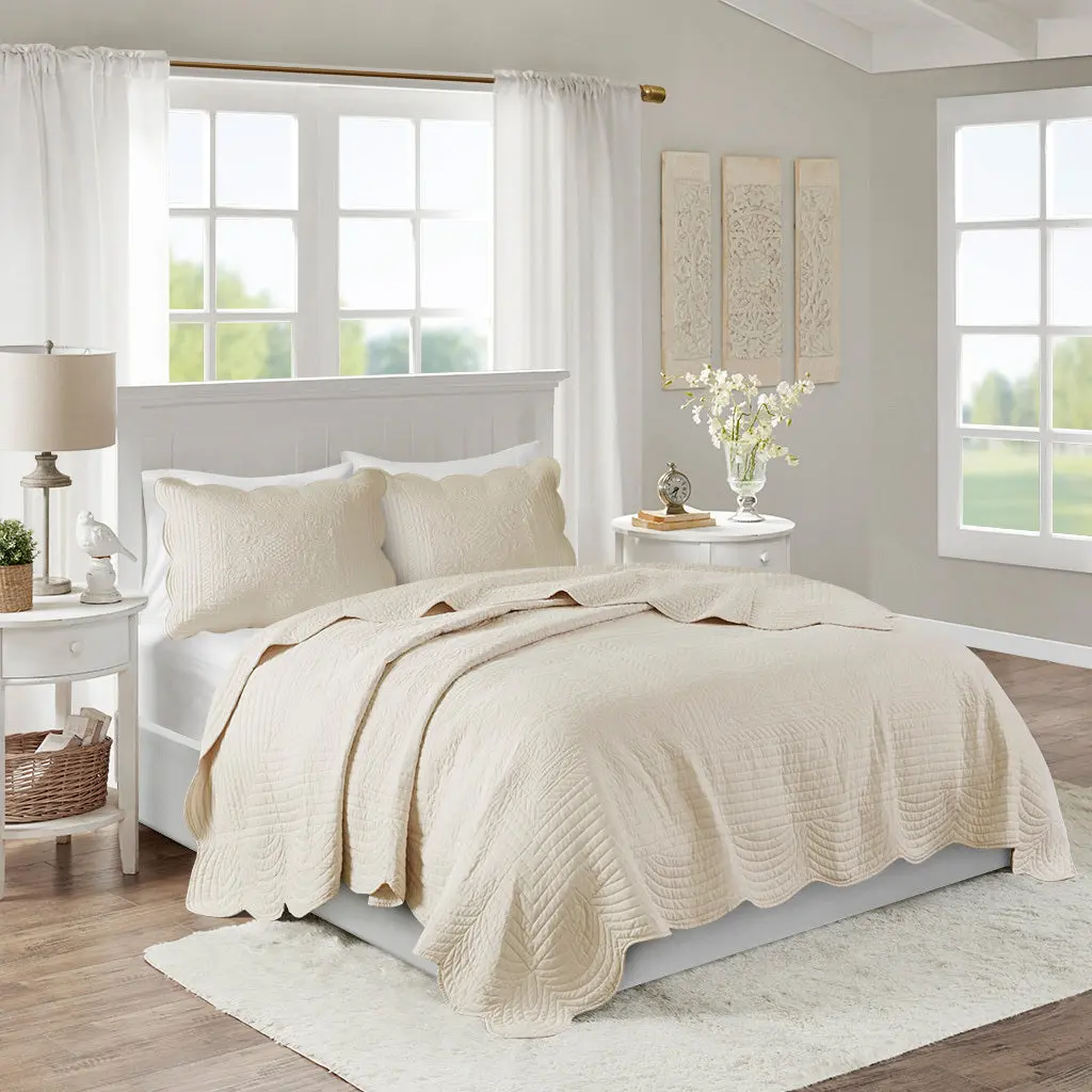 3 Piece Reversible Soped Edge Quilt Set Cream Microfiber - Cozy Bedding jla