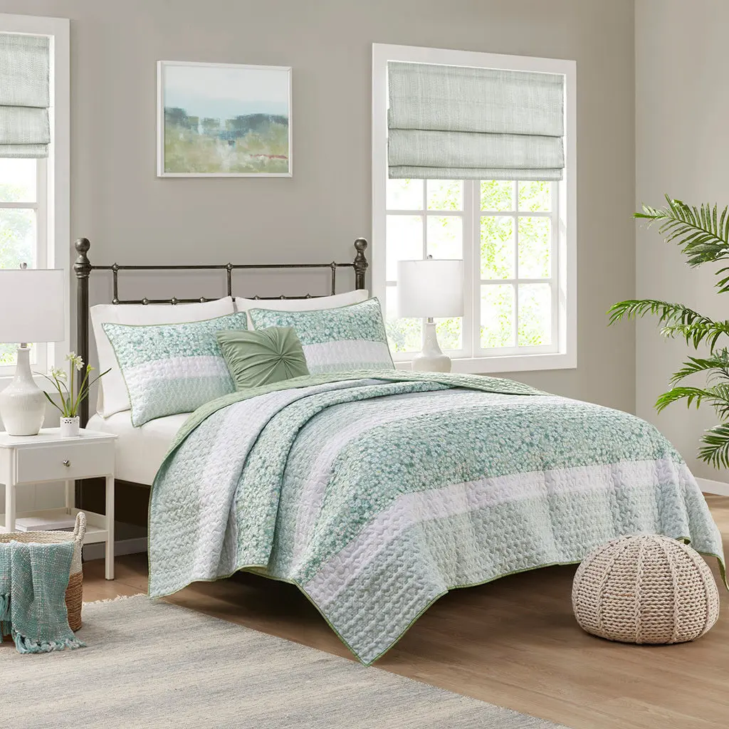4 Piece Seersucker Quilt Set Throw Pillow Green Polyester Bedding jla