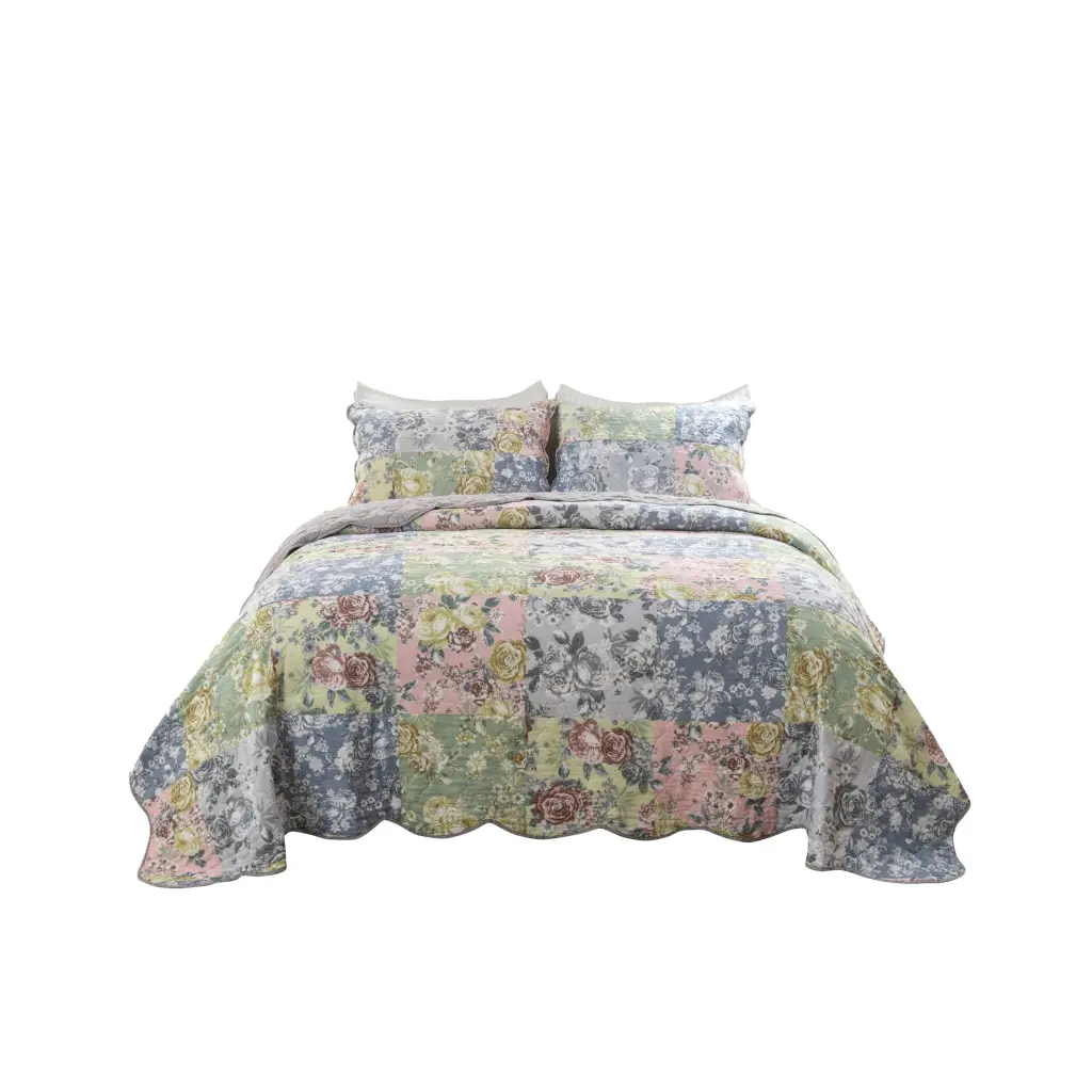 Eni 2 Piece Twin XL Cotton Quilt Set Pastel Blue Flowers Soped Edges royal hampton