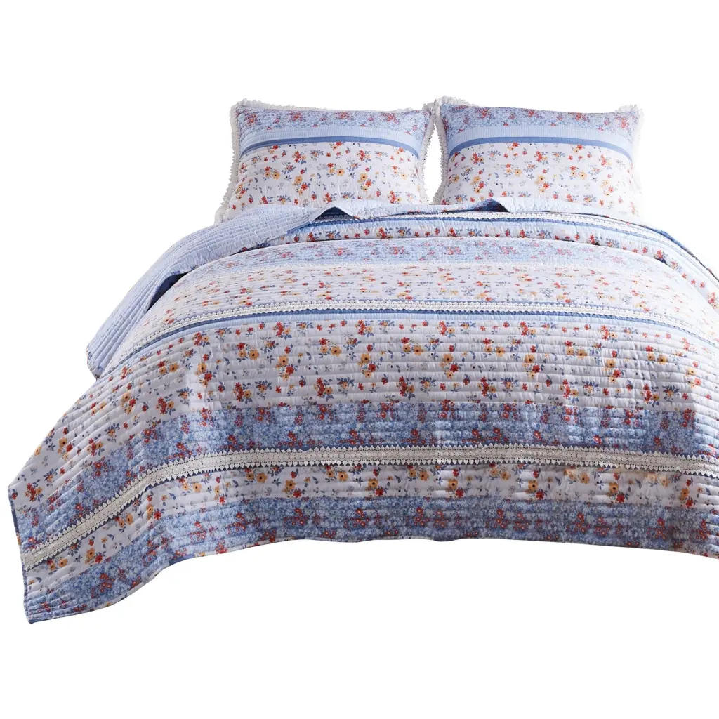 Joa 3 Piece Microfiber Queen Quilt Set Floral Print Lace Trim Multicolor Bedding royal hampton
