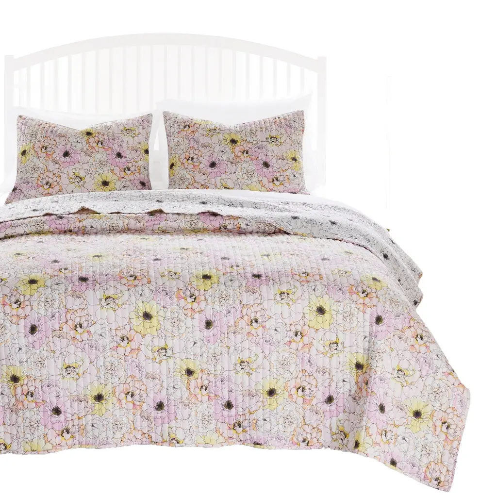 Milan 2 Piece Microfiber Blooming Flower Pattern Twin Quilt Set White royal hampton