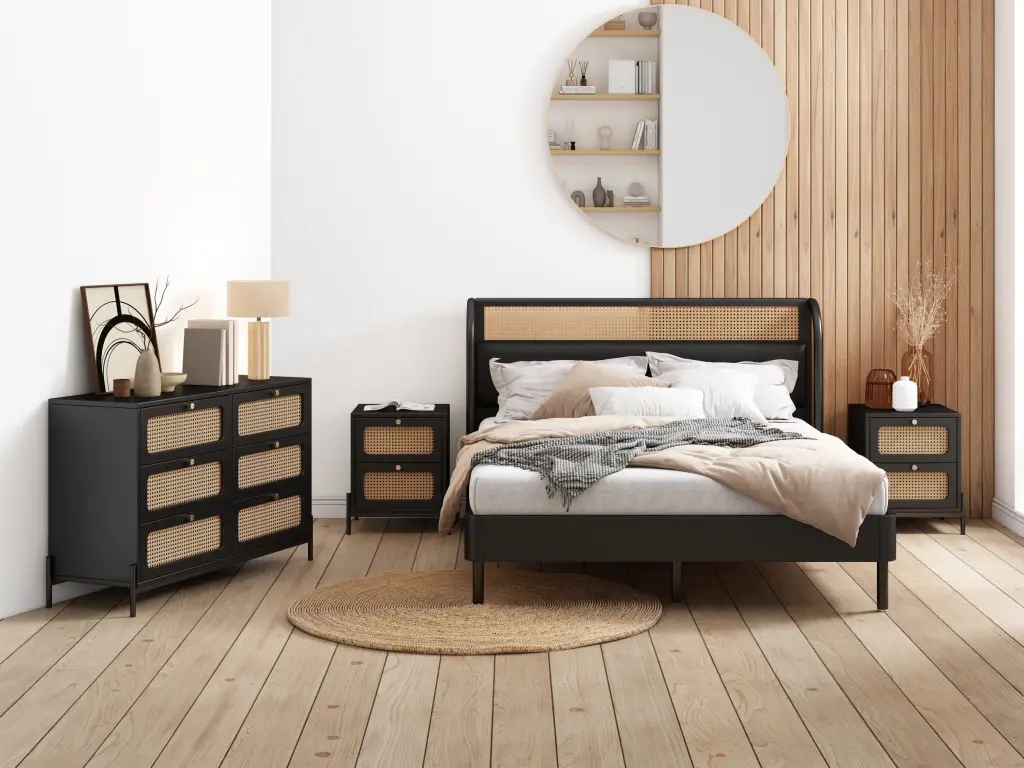 4 Piece Modern Cannage Rattan Platform Queen Bed Nightstand Dresser Set Stylish bed best