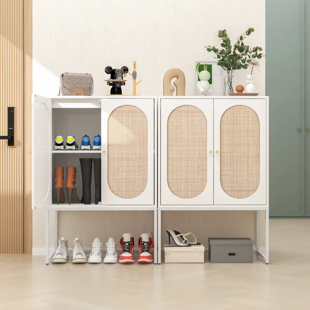 Set 2 Natural Rattan 2 Door High Cabinet Adjustable Shelves milestone homelife