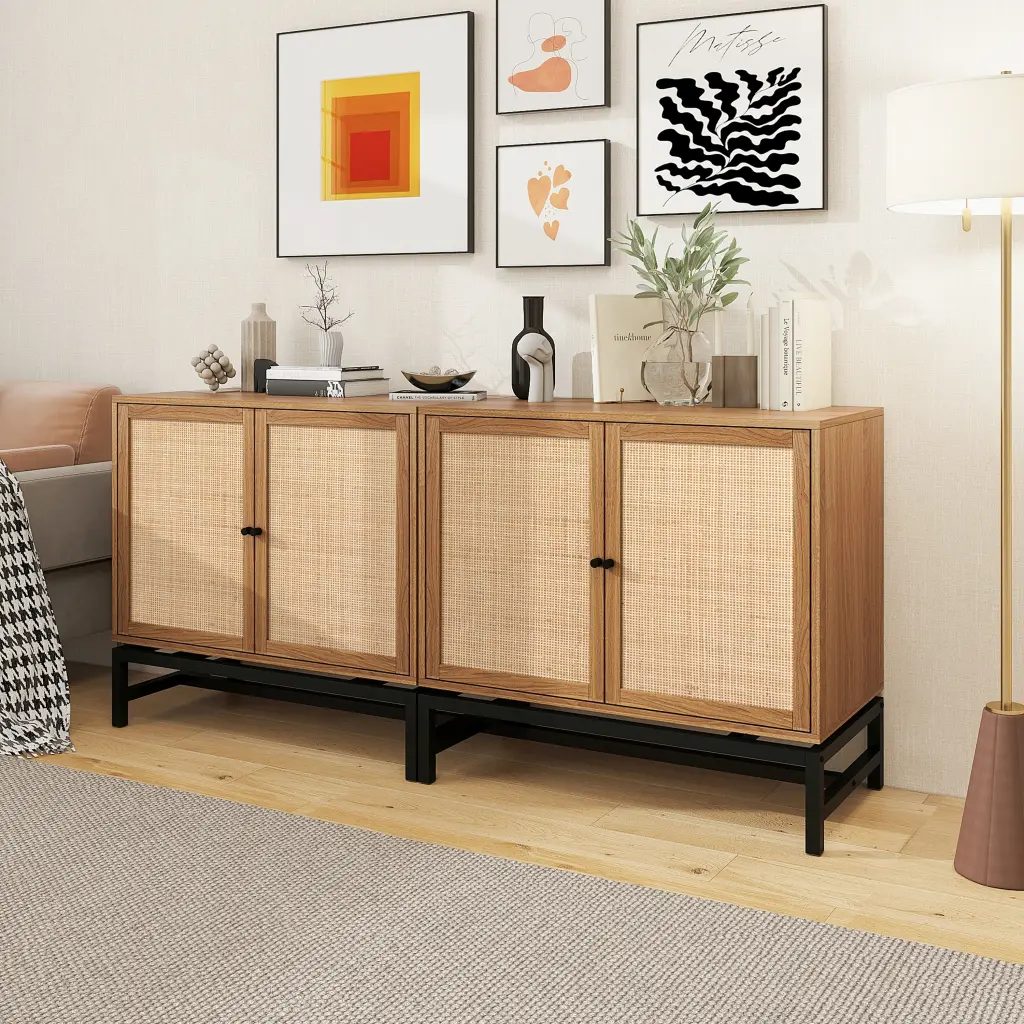 Set 2 Natural Rattan 2 Door Cabinet Adjustable Shelf Storage Organizer rnb