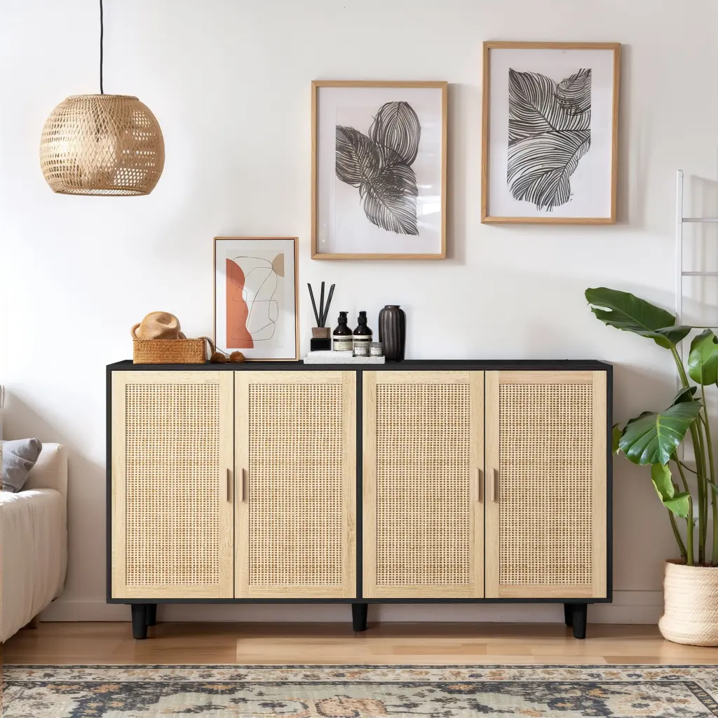 62.20 Inch Elegant And Practical 4 Door Rattan Decorative Storage Cabinet spribung