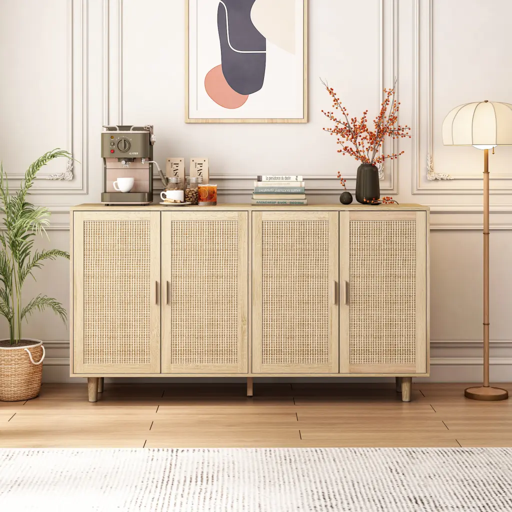 62.20 Inch Elegant And Practical 4 Door Rattan Decorative Storage Cabinet spribung