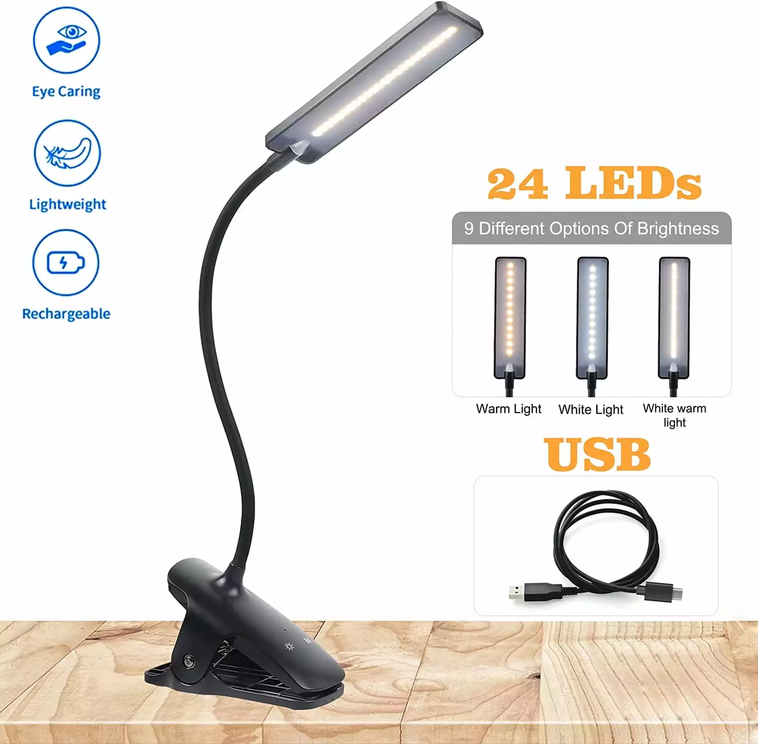 Esbaybulbs Led Book Light Rechargeable Desk Lamp 24 LED Clamp Reading Lamp 3 Color Temperature