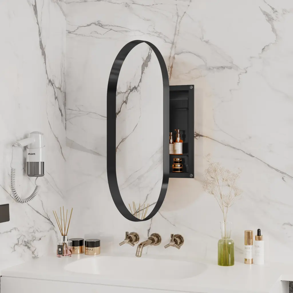 20x34 Inch Oval Recessed Medicine Cabinet Metal Framed Bathroom Wall Mirror fs furniture
