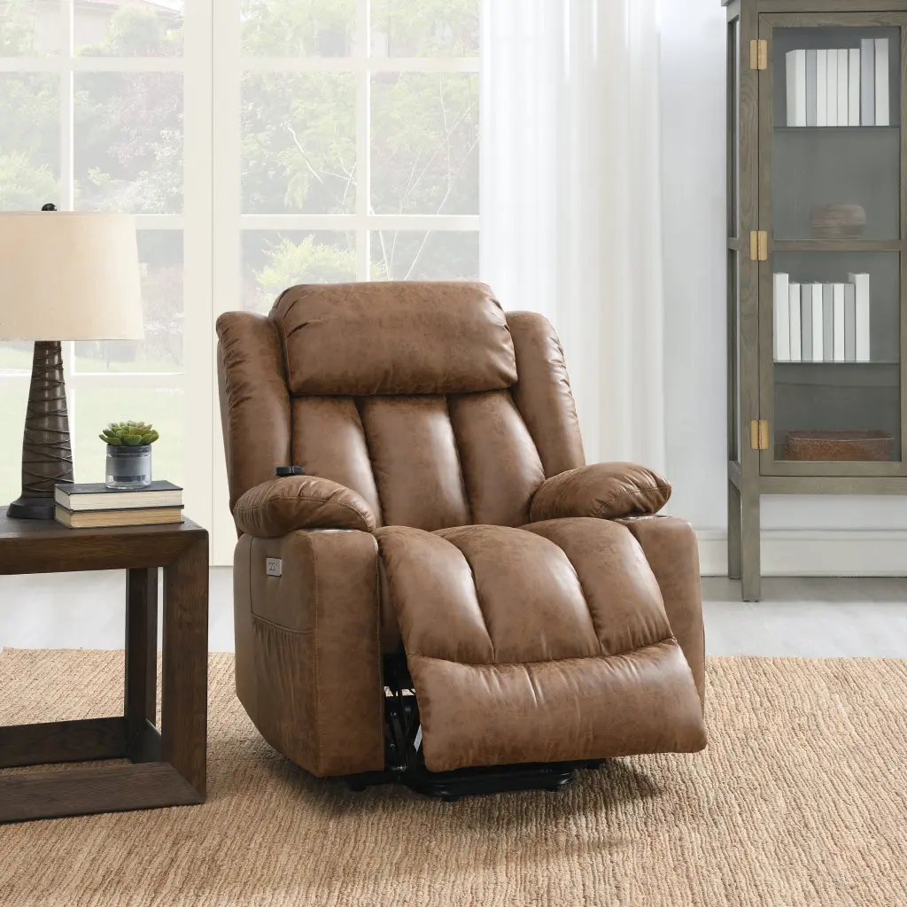 Brown Power Lift Recliner Massage And Heating Faux Leather furniture max