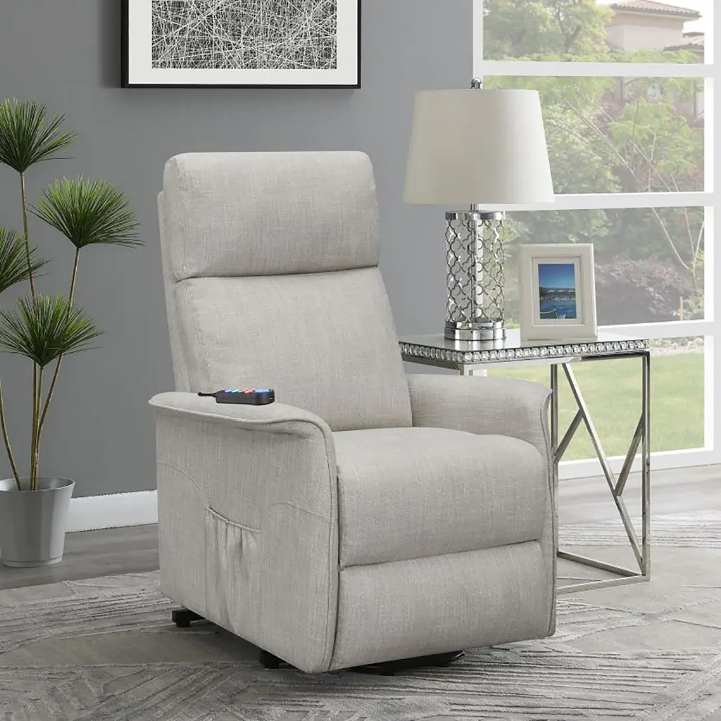 Beige Upholstered Power Lift Recliner Wired Remote - Comfortable Electric Reclining Chair furniture max