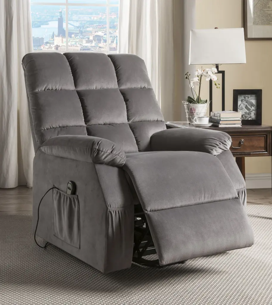 Grey Power Lift Recliner Massage and Heat Grey Velvet Push Button Mechanism furniture max