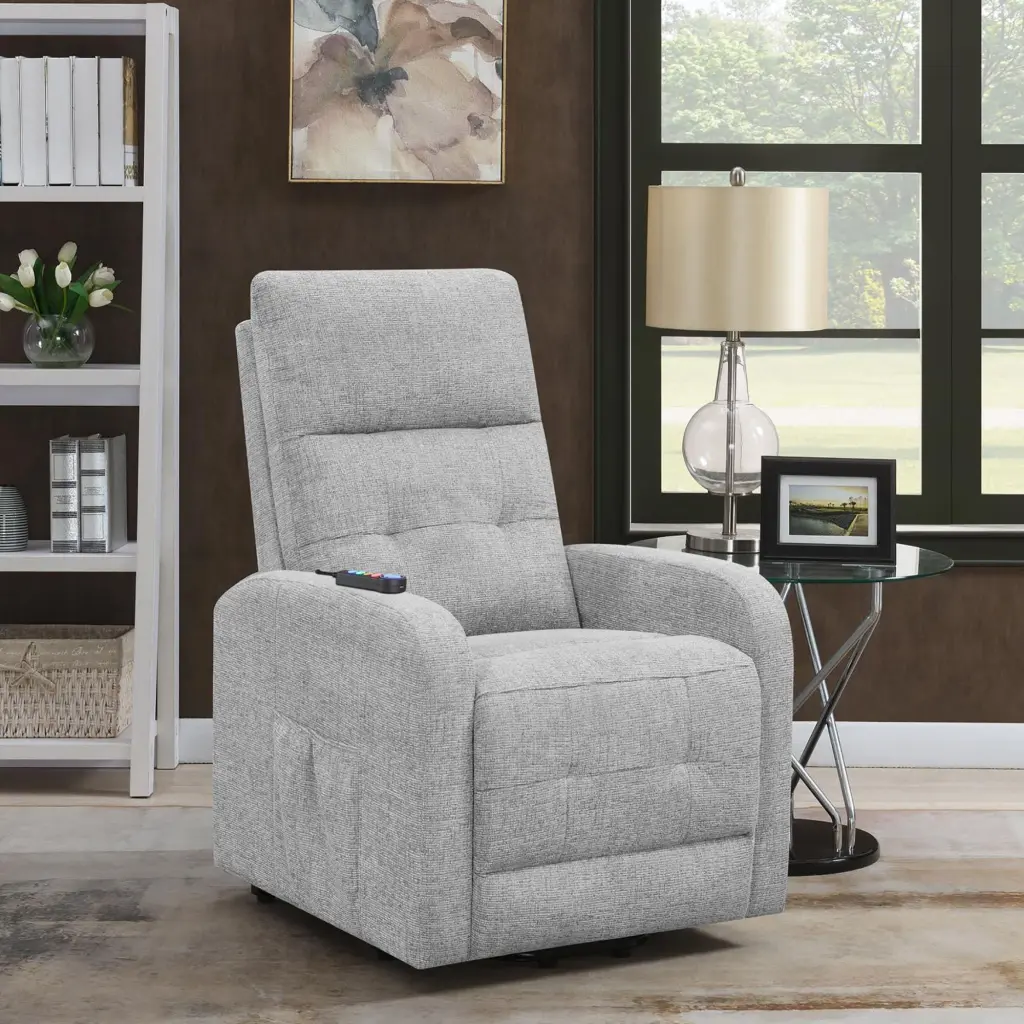 Grey Tufted Power Lift Recliner Grey Chenille Power Remote Wood Primary furniture max