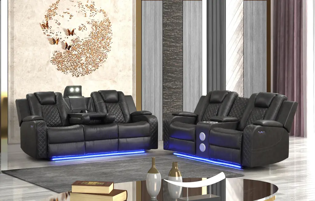 LED Power Recliner 2 Piece Set Black Faux Leather galaxy home furnishings