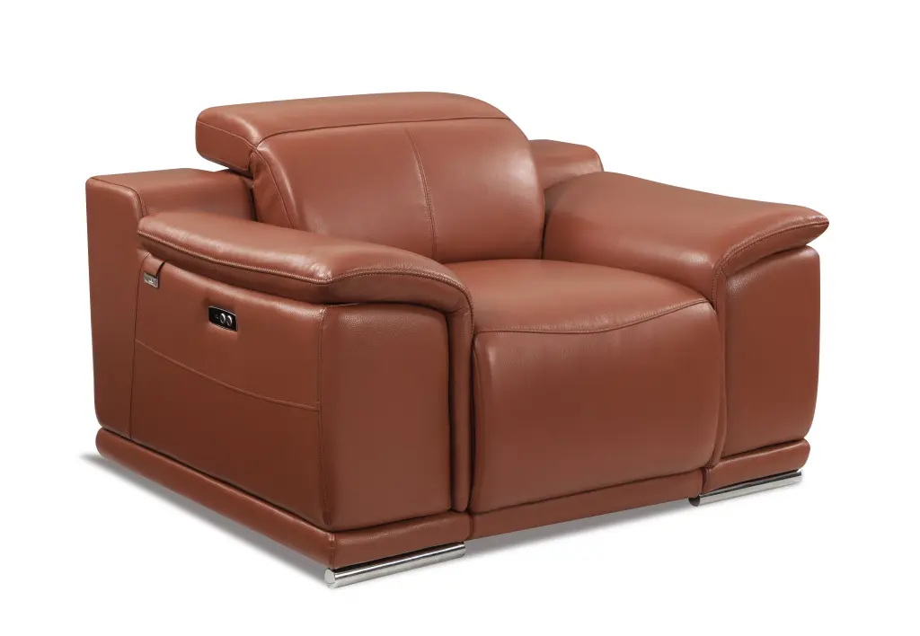 Authentic Italian Leather Power Reclining Chair Camel Foam Leather Living Room global united