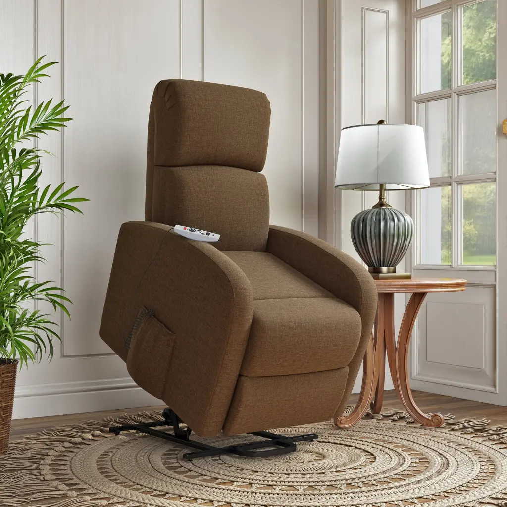 Chestnut Recliner Brown Polyester Power Remote Wood Soft Cushion Living Room Chair golden oak home