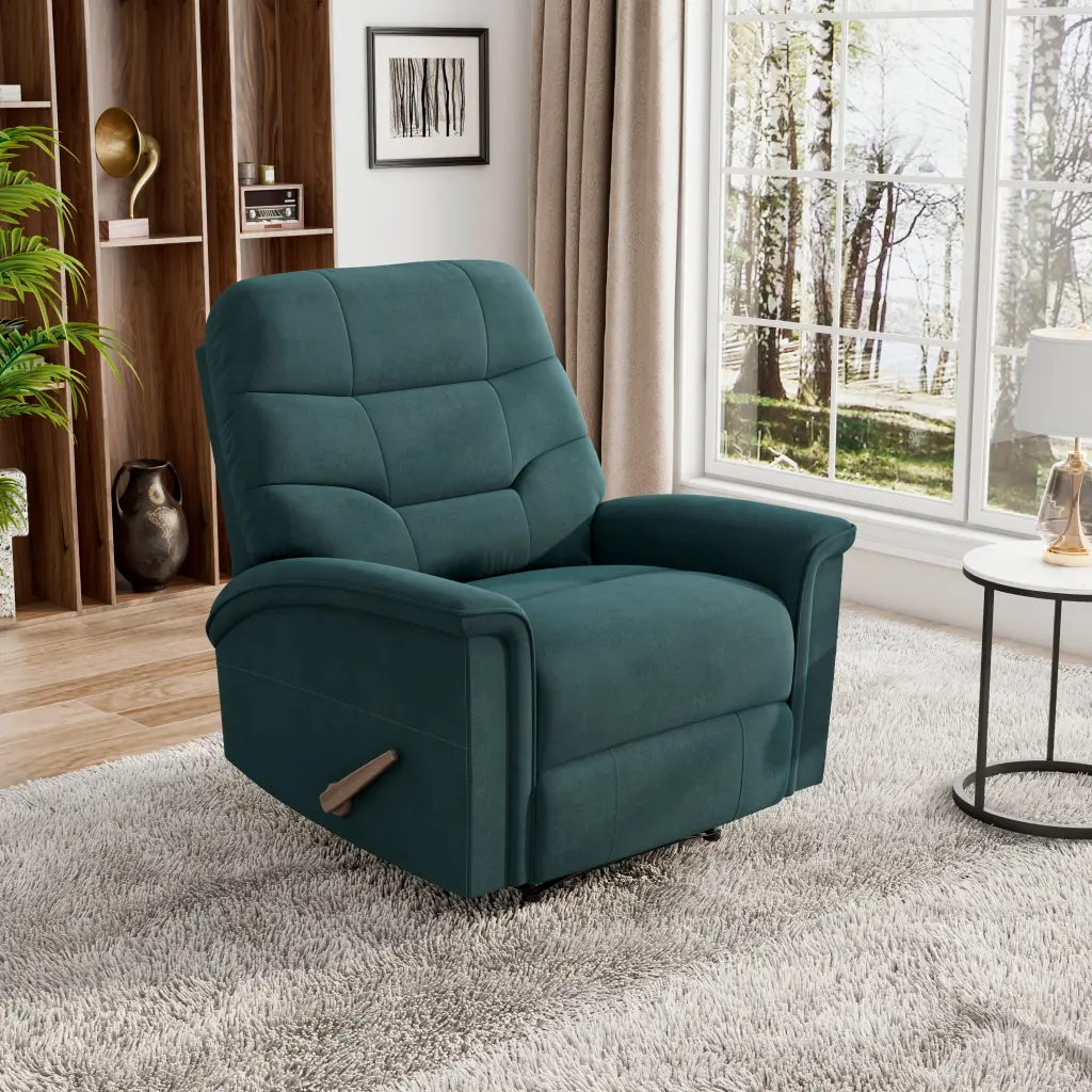 Newport Recliner Teal Blue Polyester Manual Handle Wood Cushion Back golden oak home