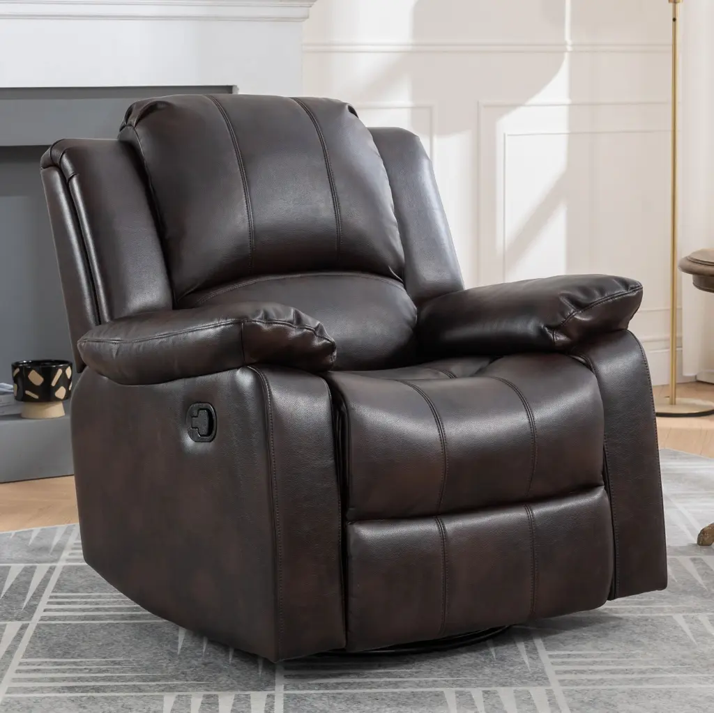 Brown Faux Leather Swivel and Glider Recliner Chair Manual Push Back lehboson