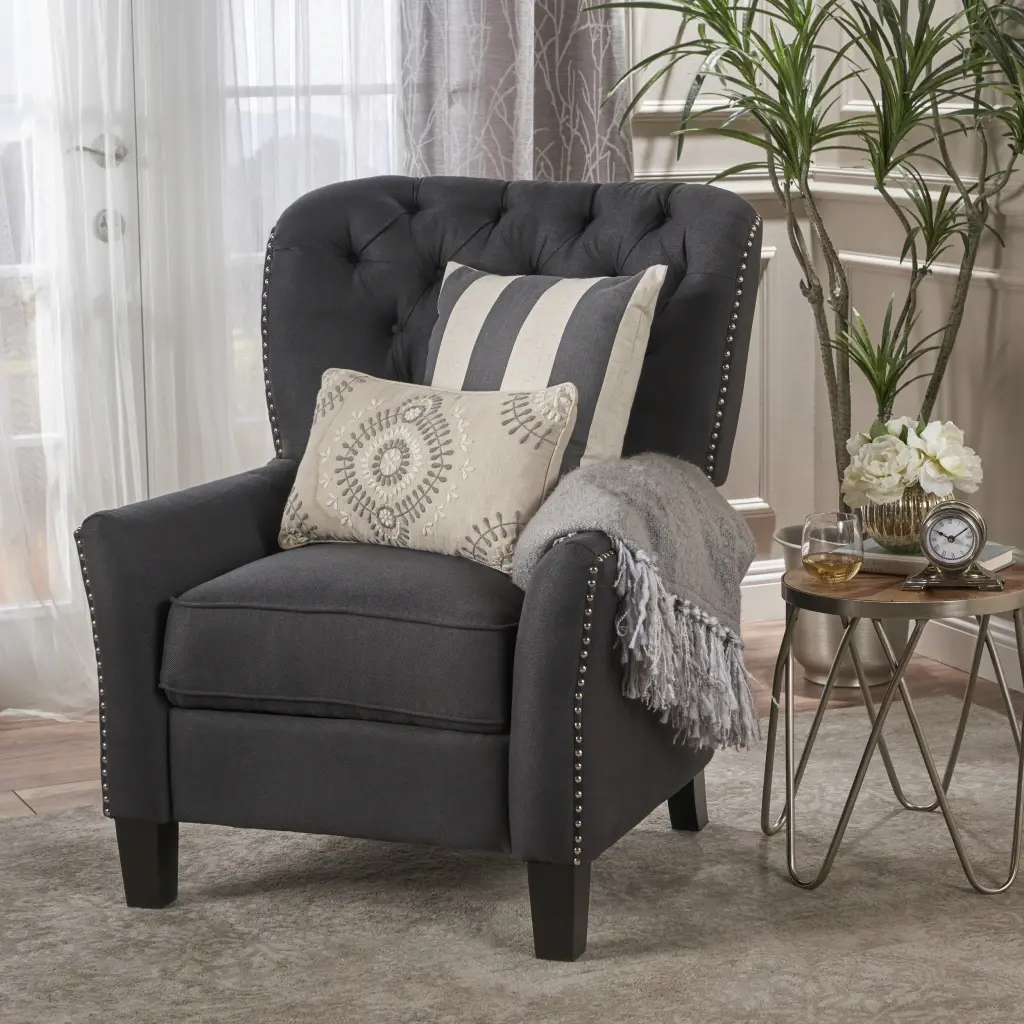 Modern Dark Grey Fabric Push Back Recliner Antique Finish Living Room Chair
