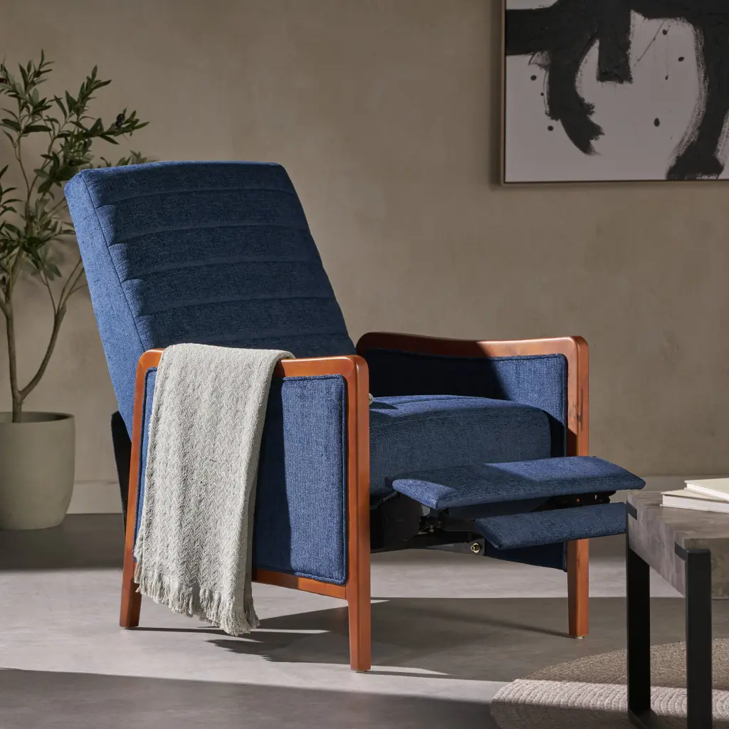 Mid Century Modern Fabric Channel Stitch Wood Push Support Recliner Navy Blue nh-ocean furniture