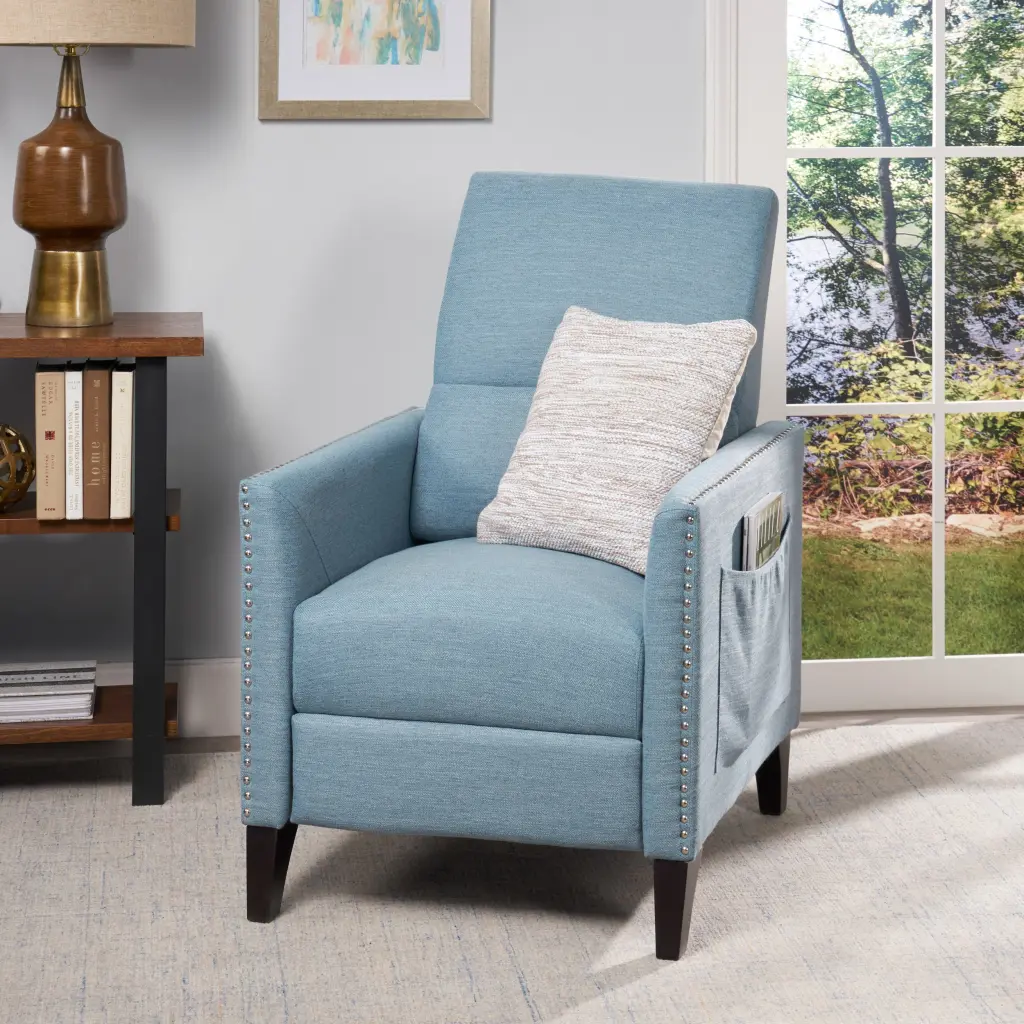 Push Back Recliner Light Blue Fabric Living Room Chair nh-sunfay