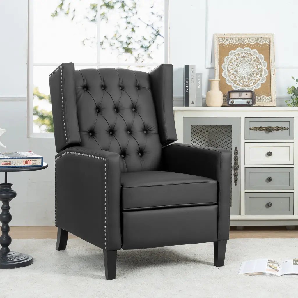 27.16 Inch Wide Manual Wing Chair Recliner Black PU Leather rnb