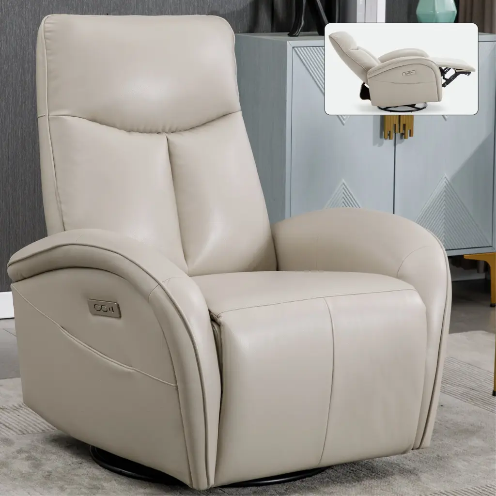 Beige Grey Leatheraire Swivel and Rocker Power Recliner Chair Lumbar Support rnb