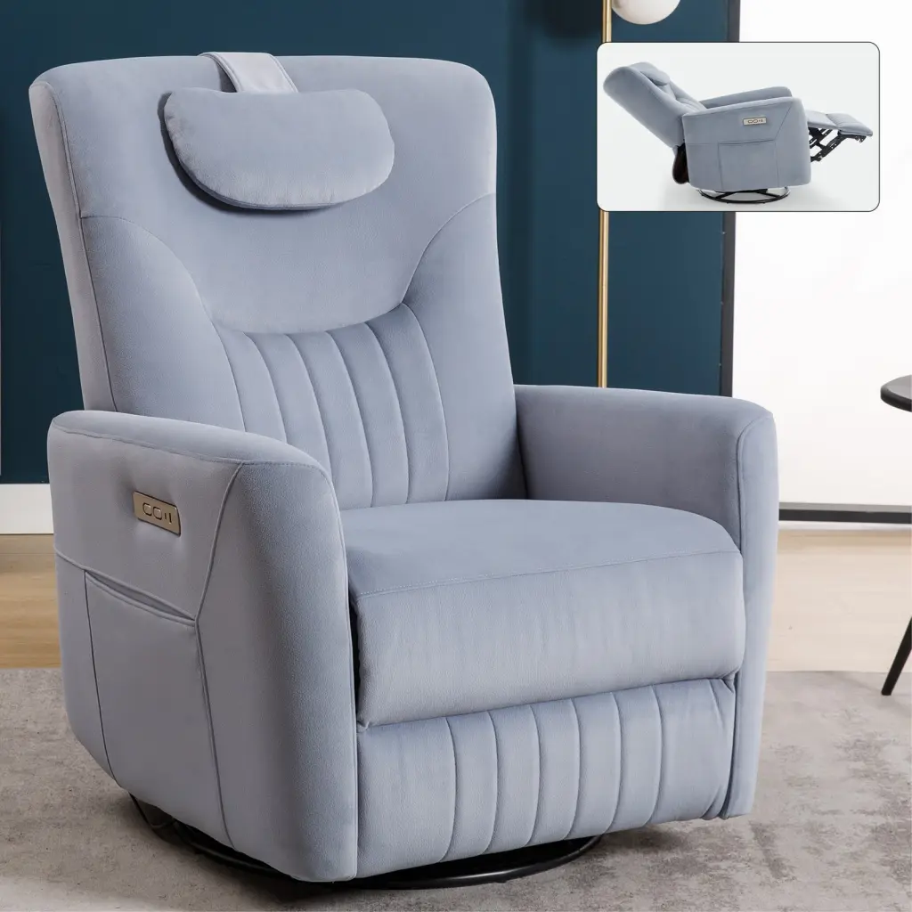 Blue Swivel And Rocker Power Recliner Chair Lumbar And Neck Support rnb