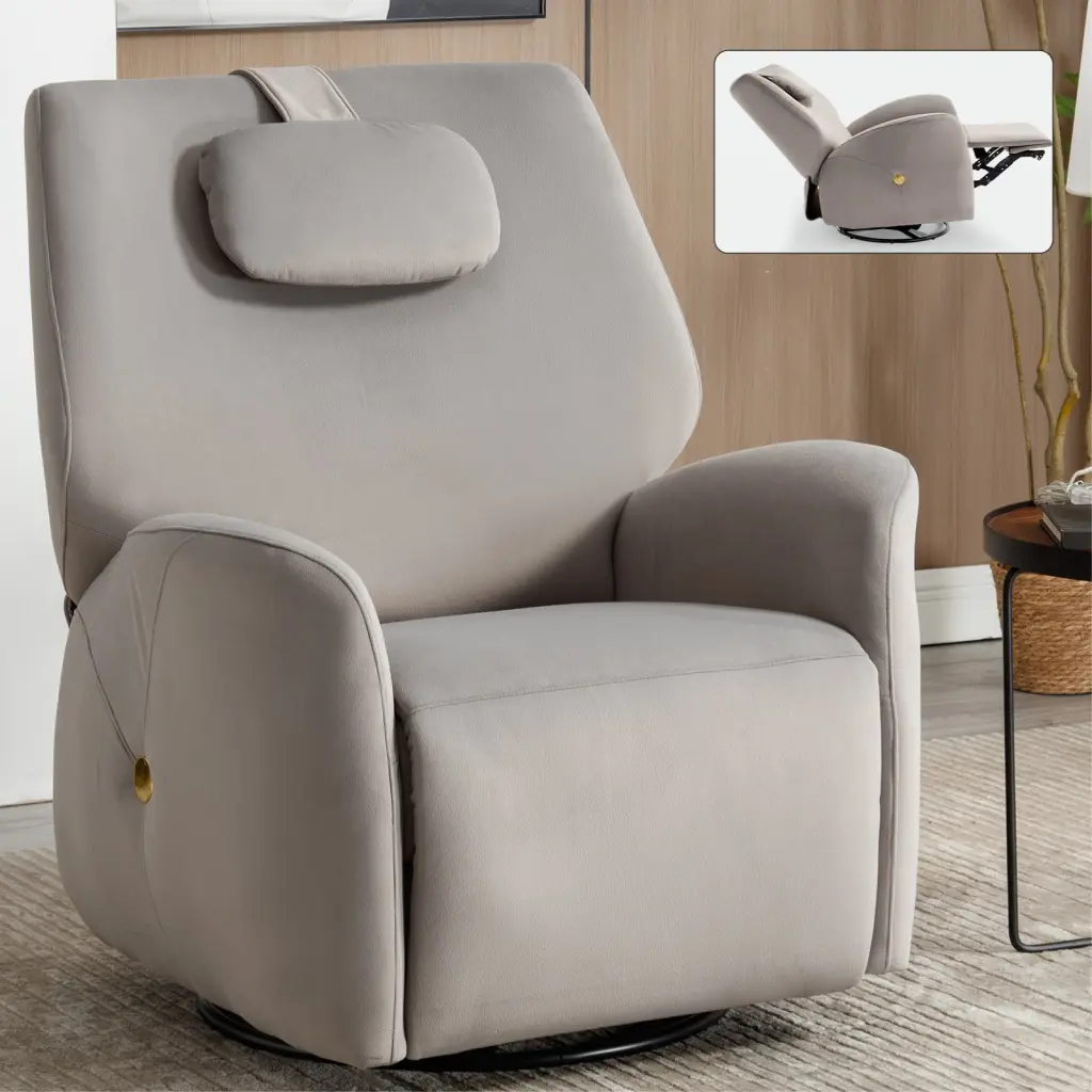 Grey Swivel Rocker Power Recliner Chair Lumbar and Neck Support rnb