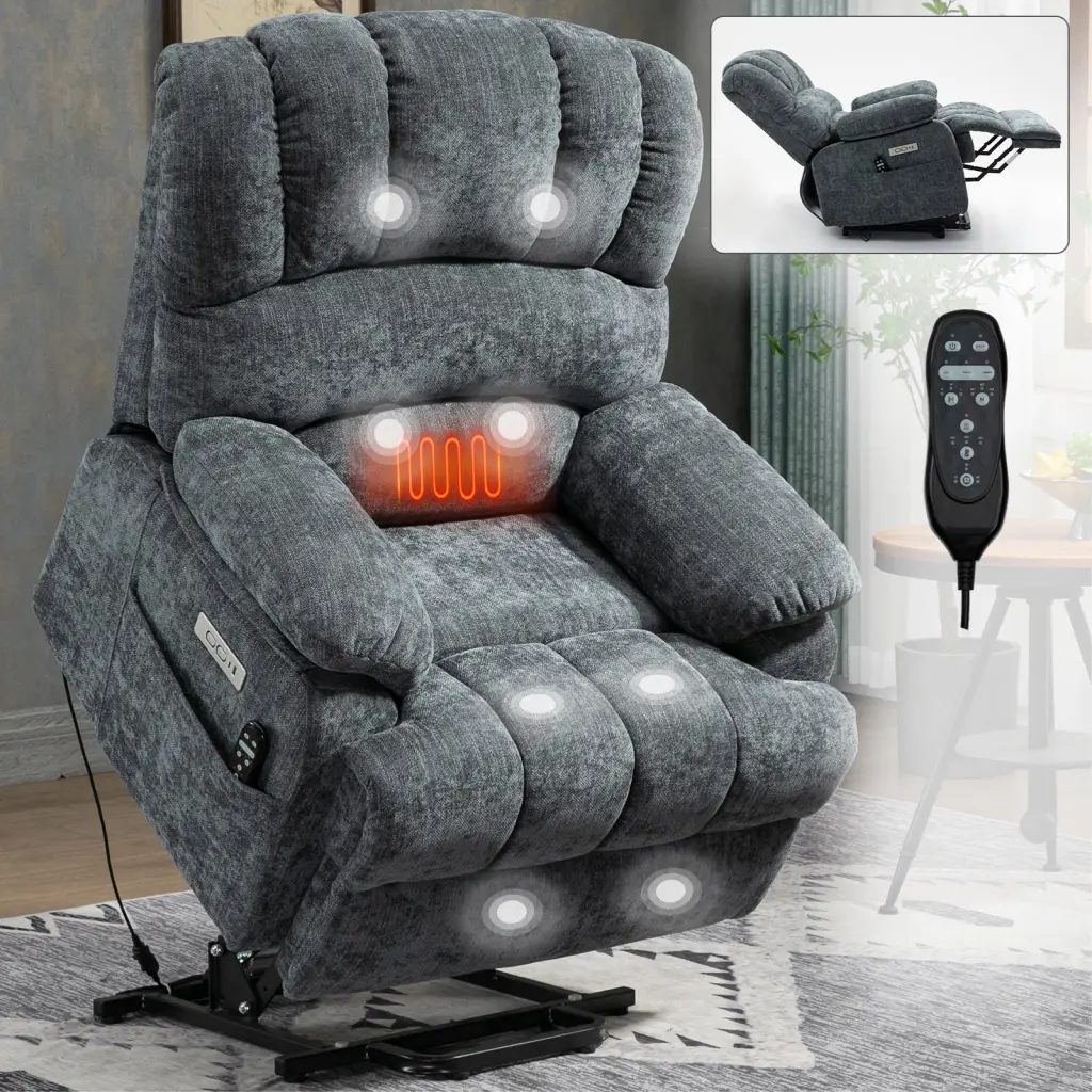 23 Inch Seat Width High Back Blue Chenille Power Lift Recliner rnb