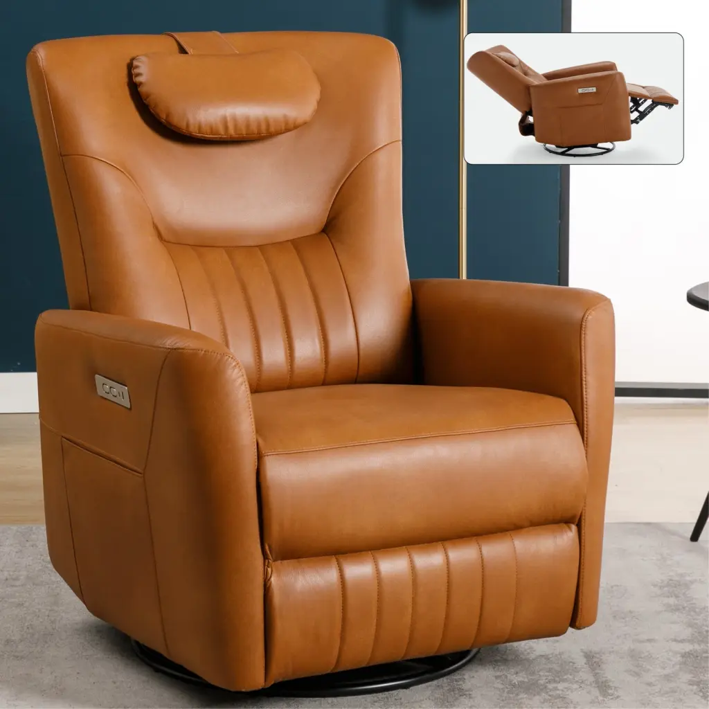 Yellow Brown Leather Swivel and Rocker Power Recliner Chair Lumbar Support Living Room rnb